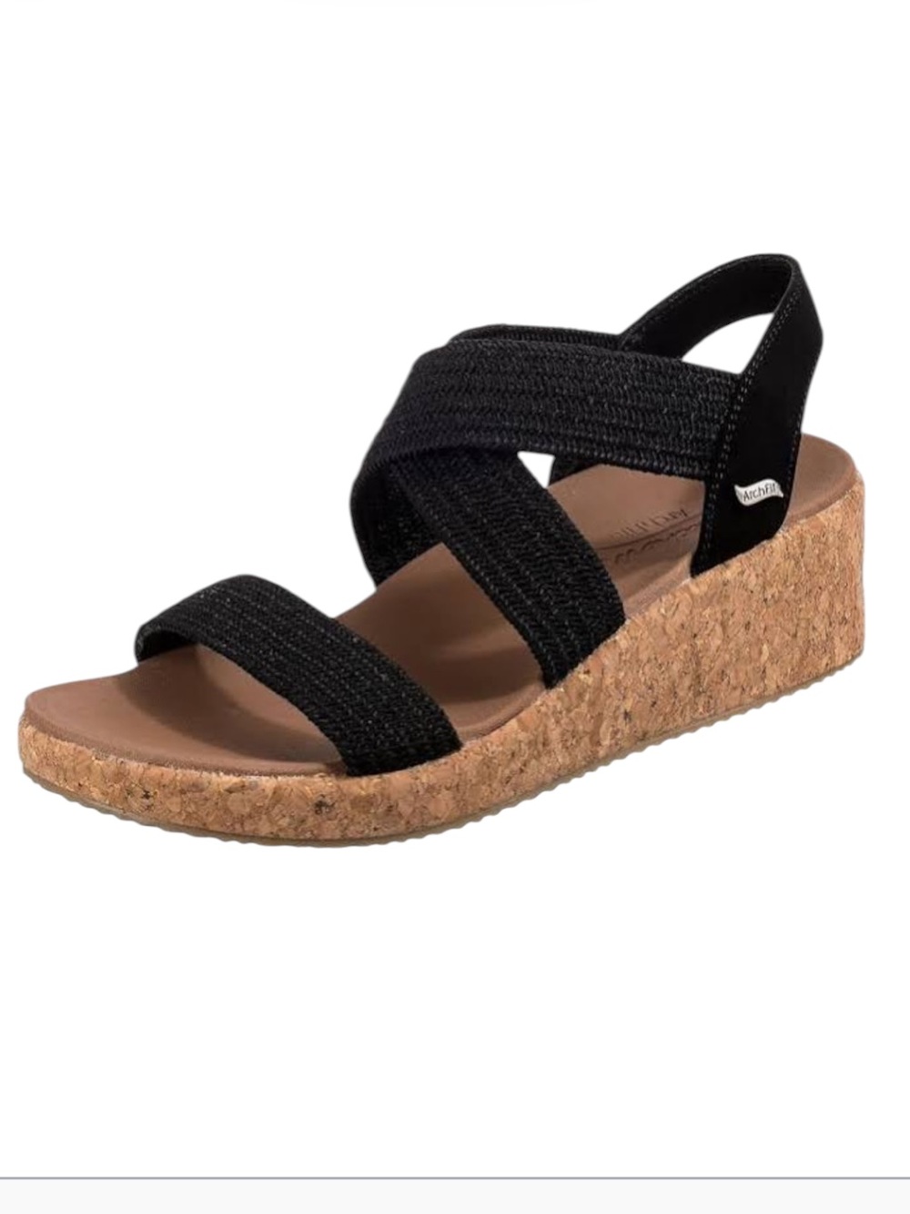 Skechers Black Elastic Strap Cork Wedge Sandals